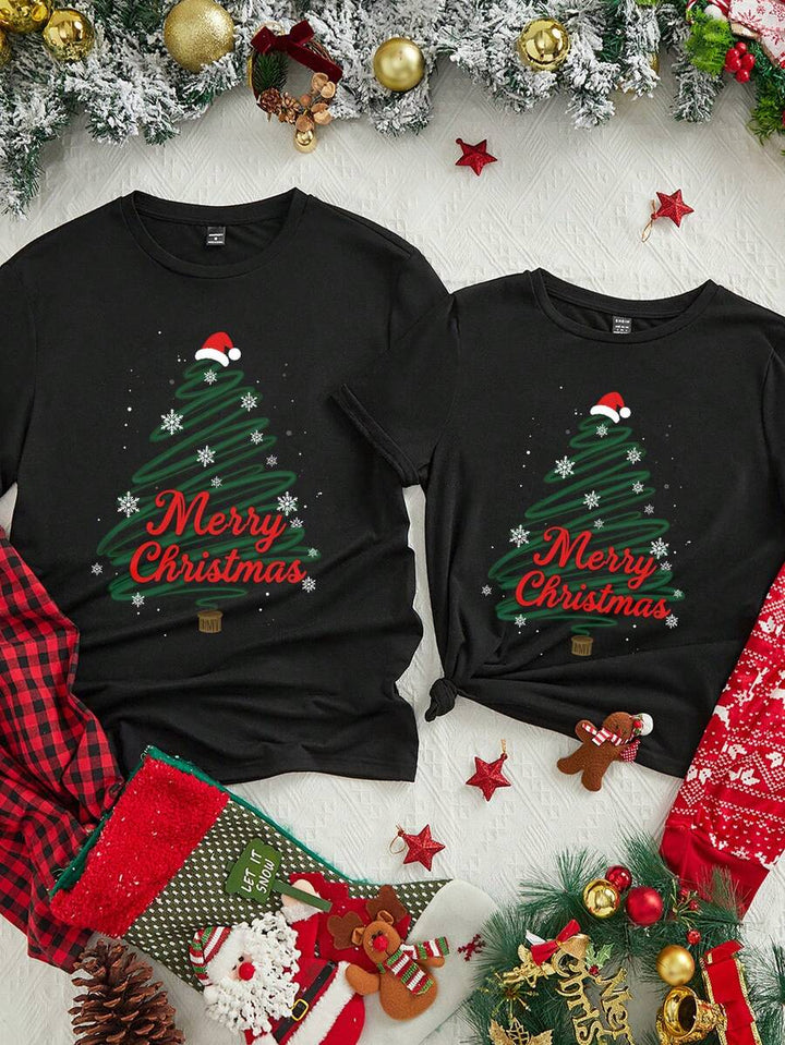 Elegant Jul T-shirt Set | Unisex Svart T-shirt med Rolig Julgrafik | Bekväm Passform för Par 7