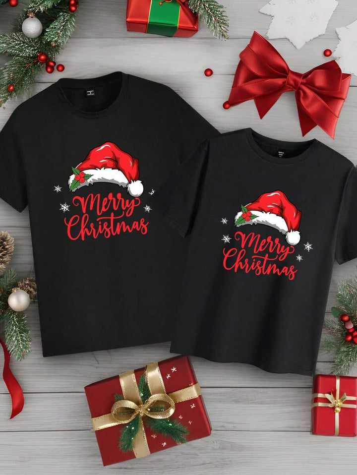 Elegant Jul T-shirt Set | Unisex Svart T-shirt med Rolig Julgrafik | Bekväm Passform för Par 8