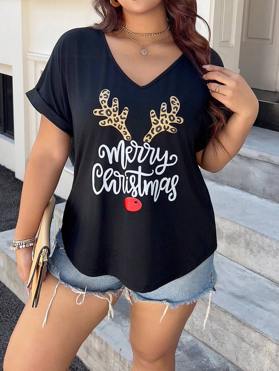 Elegant Jultröja | V-ringad T-shirt med Festlig Grafik | Chic Svart Design för Säsongens Stil 0