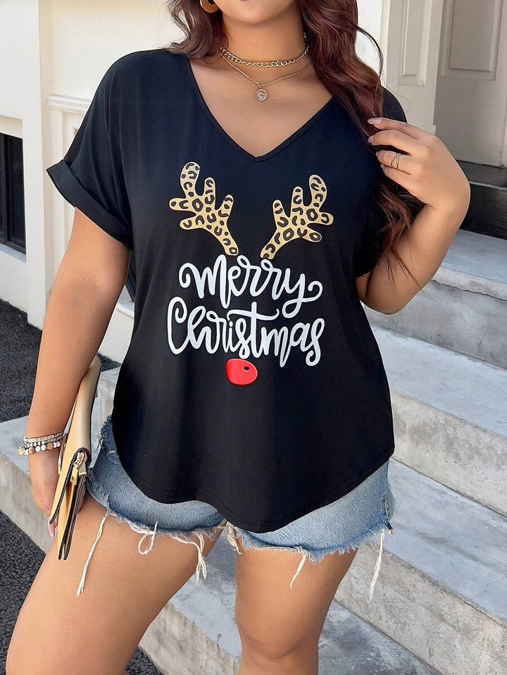Elegant Jultröja | V-ringad T-shirt med Festlig Grafik | Chic Svart Design för Säsongens Stil 0