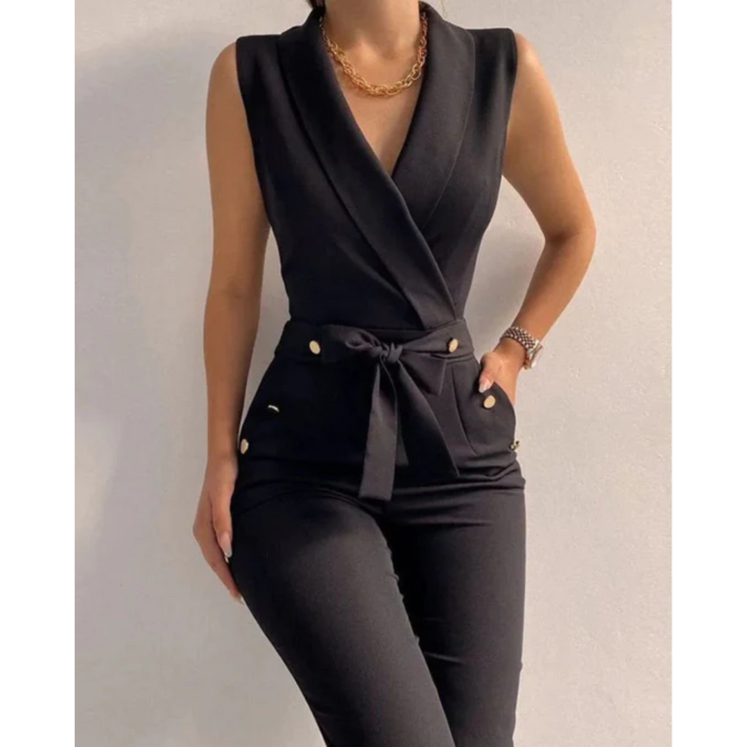 Elegant Jumpsuit med V-Ringning och Snörning i Ryggen | Ärmlös Design för Stiliga Utekvällar 0