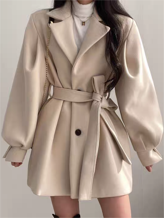 Elegant Kappa | Puffärm Bältad Kappa för Kvinnor med Sidofickor | Chic Kort Längd för Stil och Komfort 0