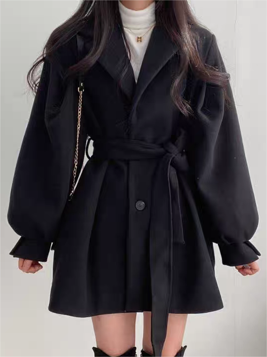 Elegant Kappa | Puffärm Bältad Kappa för Kvinnor med Sidofickor | Chic Kort Längd för Stil och Komfort 5