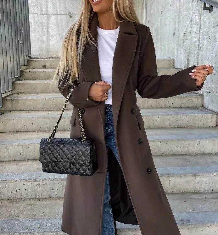 Elegant Kappa för Kvinnor | Lång Dubbelknäppt Design med Midjebälte | Perfekt för Vinterstil och Komfort 0