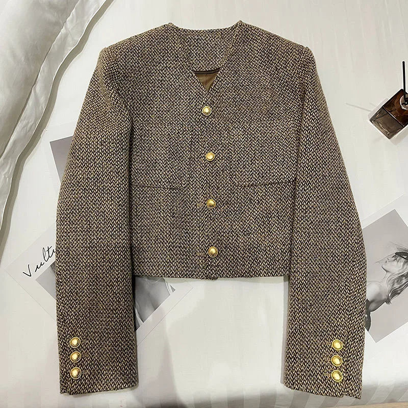 Elegant Kavaj Dam | Skräddarsydd Cropped Blazer med Guldfärgade Knappar | Feminin Stil för Kontor och Fritid 1
