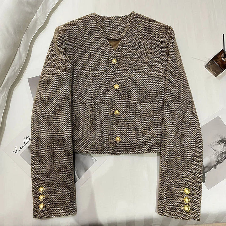 Elegant Kavaj Dam | Skräddarsydd Cropped Blazer med Guldfärgade Knappar | Feminin Stil för Kontor och Fritid 1
