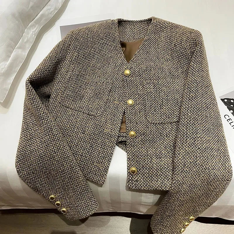 Elegant Kavaj Dam | Skräddarsydd Cropped Blazer med Guldfärgade Knappar | Feminin Stil för Kontor och Fritid 3