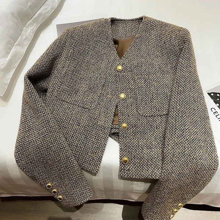 Elegant Kavaj Dam | Skräddarsydd Cropped Blazer med Guldfärgade Knappar | Feminin Stil för Kontor och Fritid 3