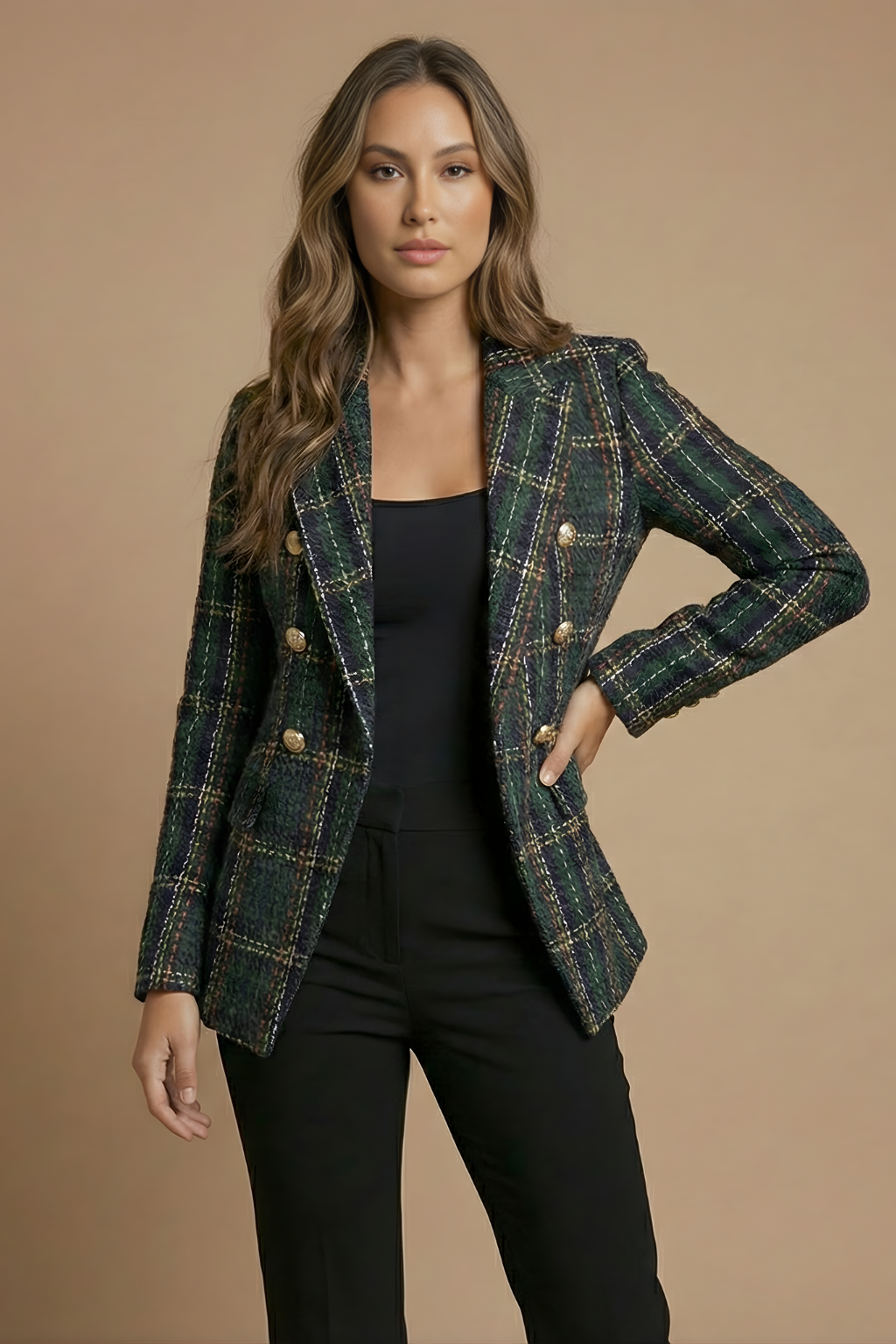 Elegant Kavaj Dam i Tweed med Dubbelknäppning & Guldknappar | Tidlös Stil för Kalla Dagar 0