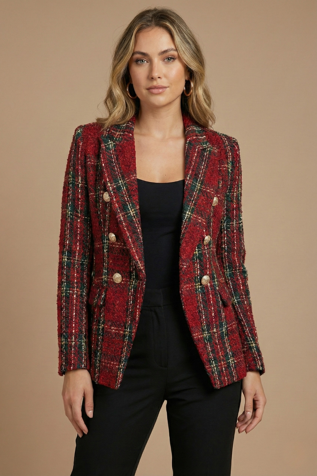Elegant Kavaj Dam i Tweed med Dubbelknäppning & Guldknappar | Tidlös Stil för Kalla Dagar 3