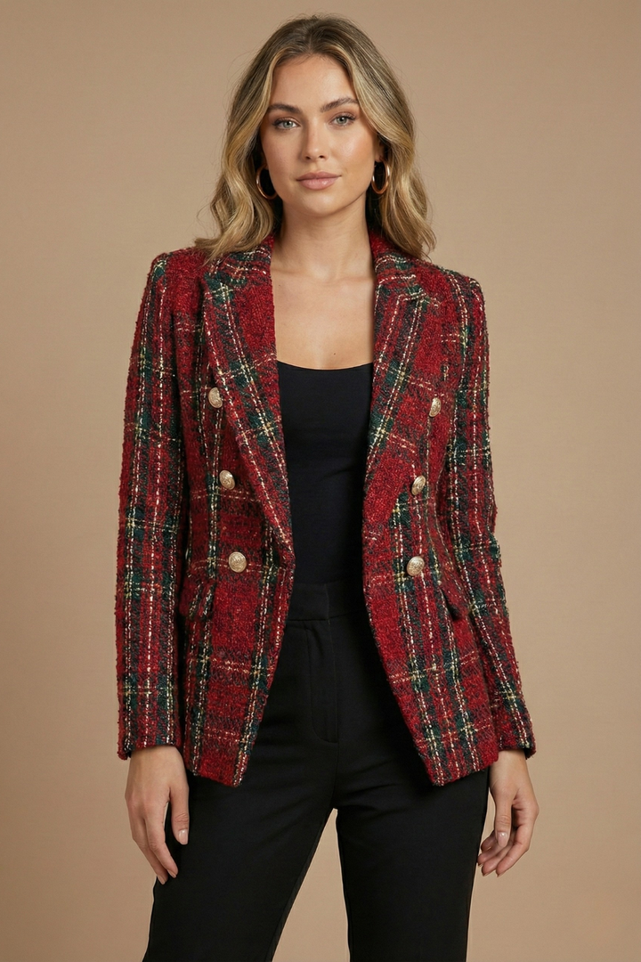 Elegant Kavaj Dam i Tweed med Dubbelknäppning & Guldknappar | Tidlös Stil för Kalla Dagar 3