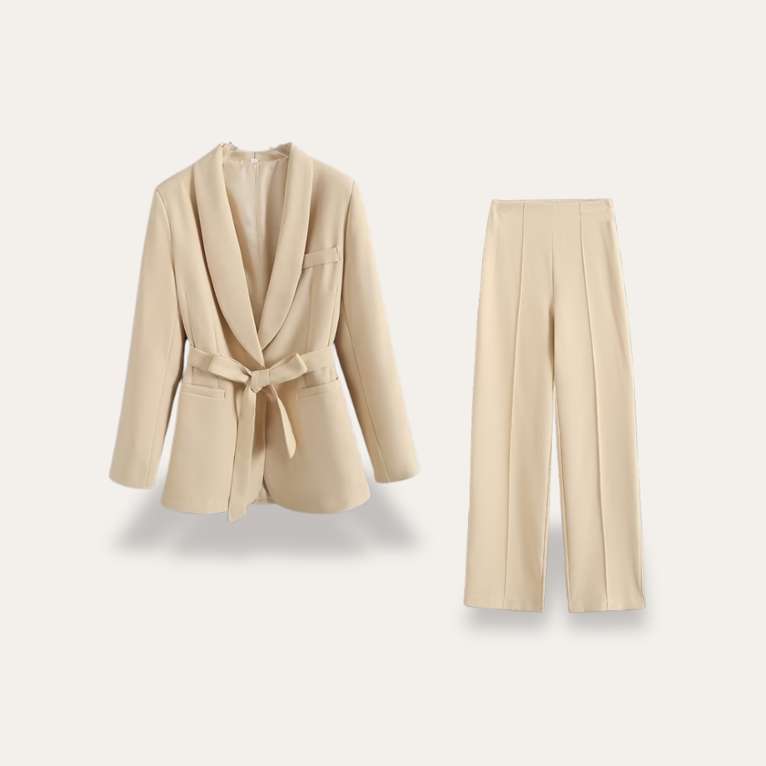 Elegant Kavaj och Vida Byxor Set för Kvinnor med Knytbälte | Perfekt för Arbete och Kvällslook 0