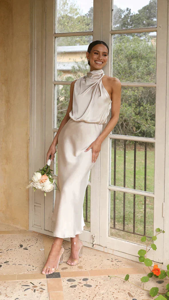 Elegant Klänning Dam | Halter Midi Klänning med Draperad Halsringning | Perfekt för Bröllop och Sommarfester 0