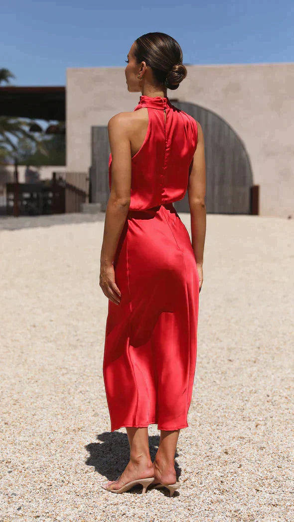 Elegant Klänning Dam | Halter Midi Klänning med Draperad Halsringning | Perfekt för Bröllop och Sommarfester 7