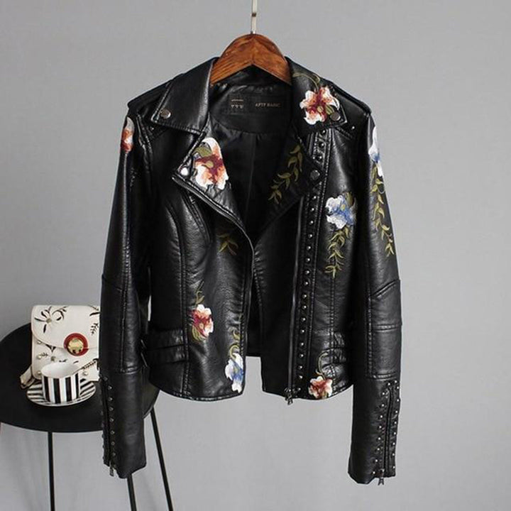 Elegant Läderjacka Dam med Blombroderi | Tidlös Stil för Modern Fashion 0