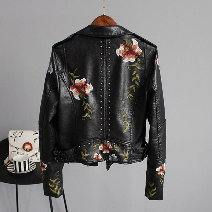 Elegant Läderjacka Dam med Blombroderi | Tidlös Stil för Modern Fashion 1