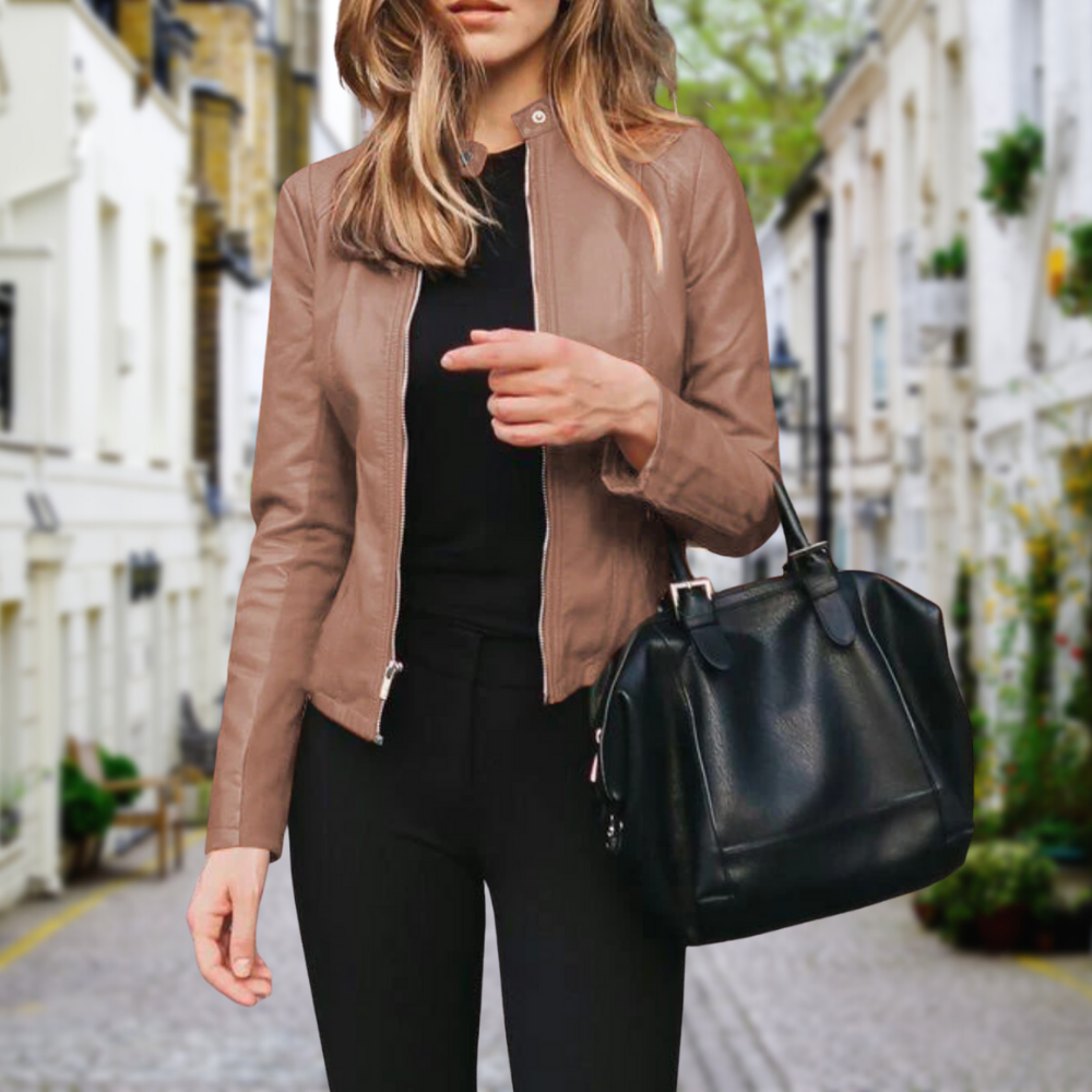 Elegant Läderjacka Dam med Ståkrage och Dragkedja | Tidlös Stil för Modern Look 1
