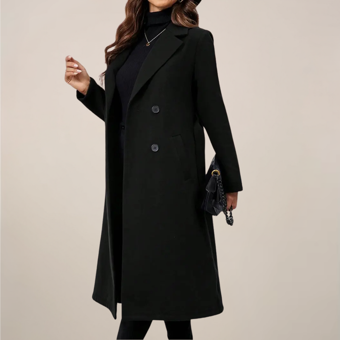 Elegant Lång Kappa Dam | Svart Dubbelknäppt Trenchcoat med Skräddarsydd Passform för Höst och Vinter 0
