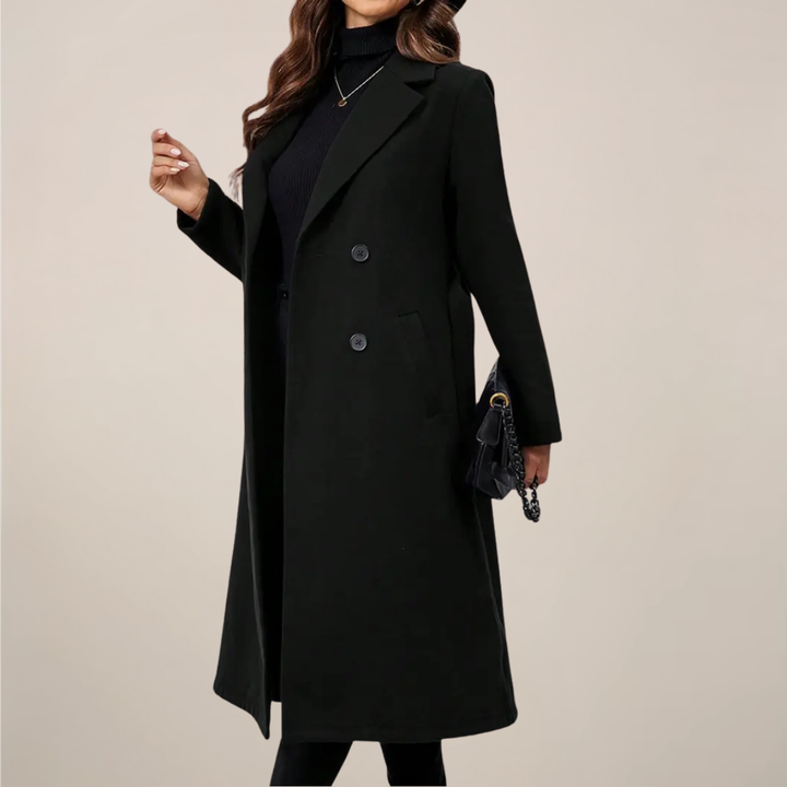 Elegant Lång Kappa Dam | Svart Dubbelknäppt Trenchcoat med Skräddarsydd Passform för Höst och Vinter 0