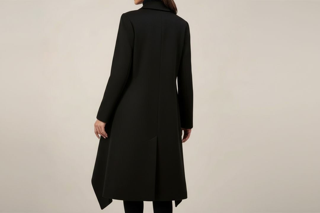 Elegant Lång Kappa Dam | Svart Dubbelknäppt Trenchcoat med Skräddarsydd Passform för Höst och Vinter 2