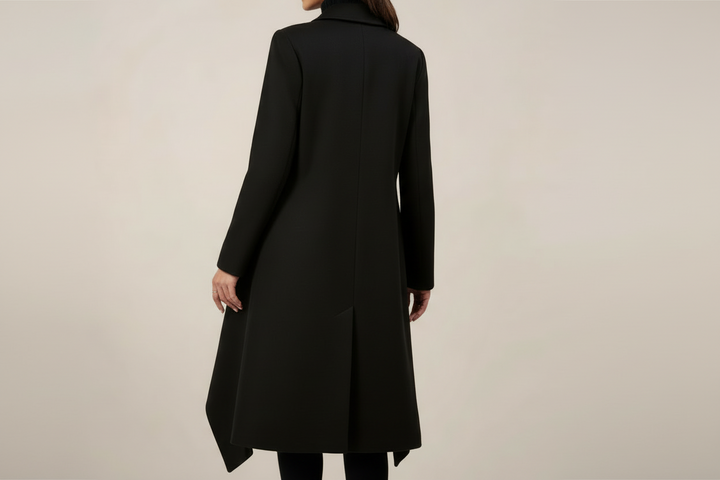 Elegant Lång Kappa Dam | Svart Dubbelknäppt Trenchcoat med Skräddarsydd Passform för Höst och Vinter 2