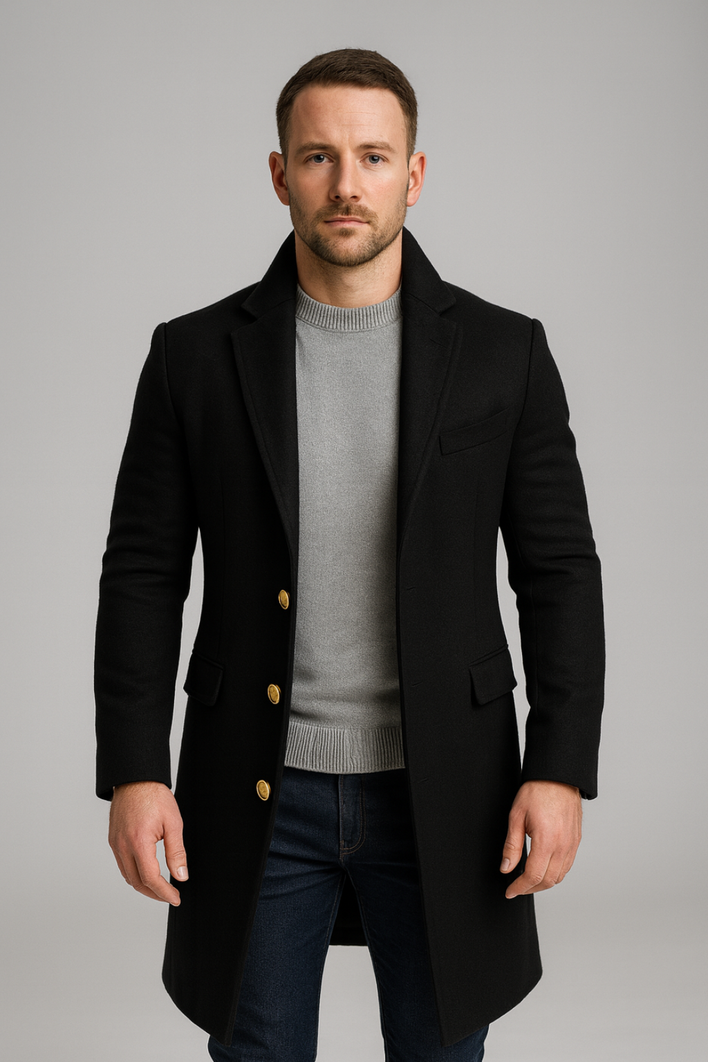 Elegant Lång Kappa för Män med Guldknappar | Stilren Design för Kalla Dagar 0