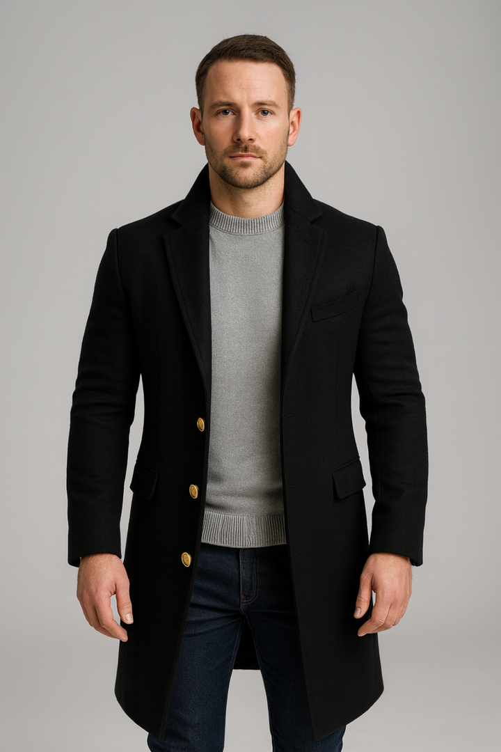 Elegant Lång Kappa för Män med Guldknappar | Stilren Design för Kalla Dagar 0