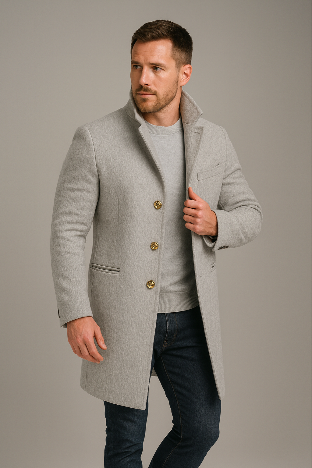 Elegant Lång Kappa för Män med Guldknappar | Stilren Design för Kalla Dagar 2