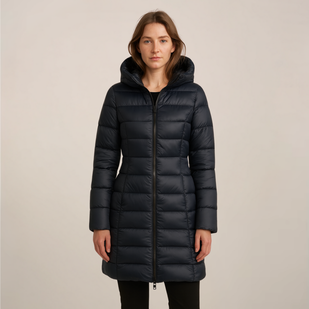 Elegant Lång Pufferjacka Dam med Huvdesign | Slim Fit Vinterkappa för Stil och Värme 0