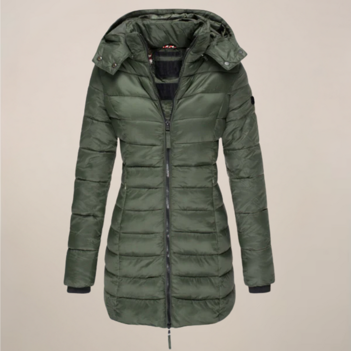 Elegant Lång Pufferjacka Dam med Huvdesign | Slim Fit Vinterkappa för Stil och Värme 2
