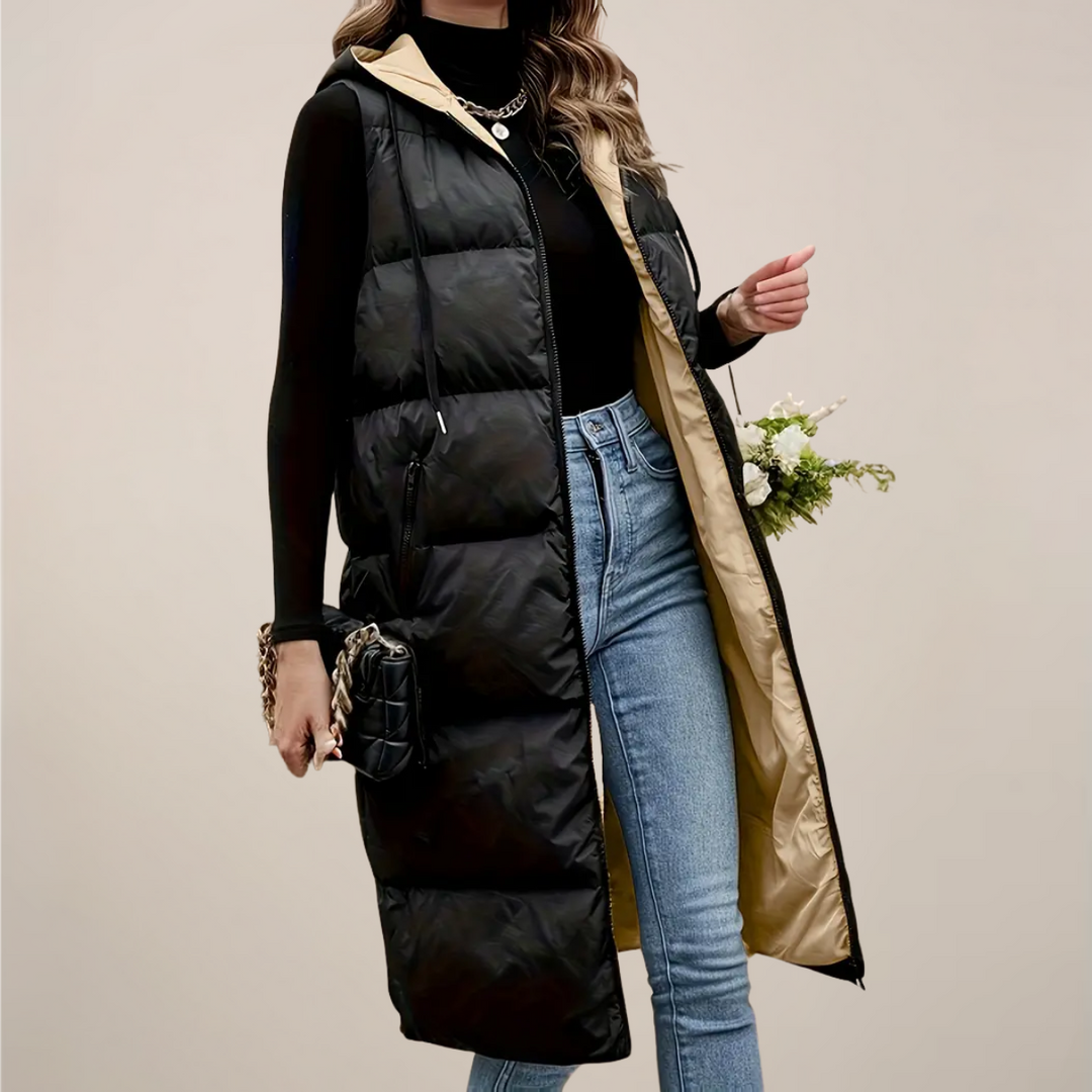 Elegant Longline Puffer Gilet för Kvinnor med Huva och Dragkedja | Isolerande Lager för Kalla Dagar 0