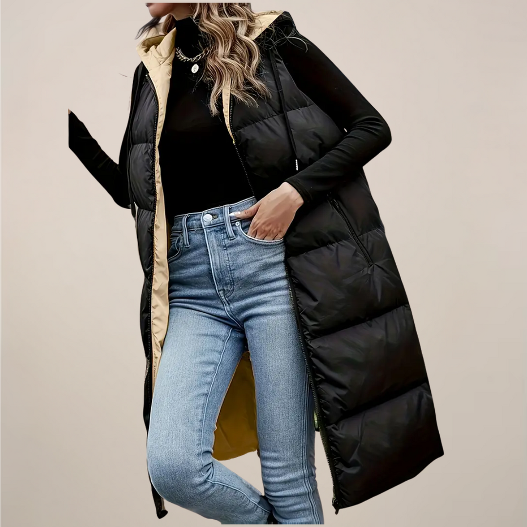 Elegant Longline Puffer Gilet för Kvinnor med Huva och Dragkedja | Isolerande Lager för Kalla Dagar 1