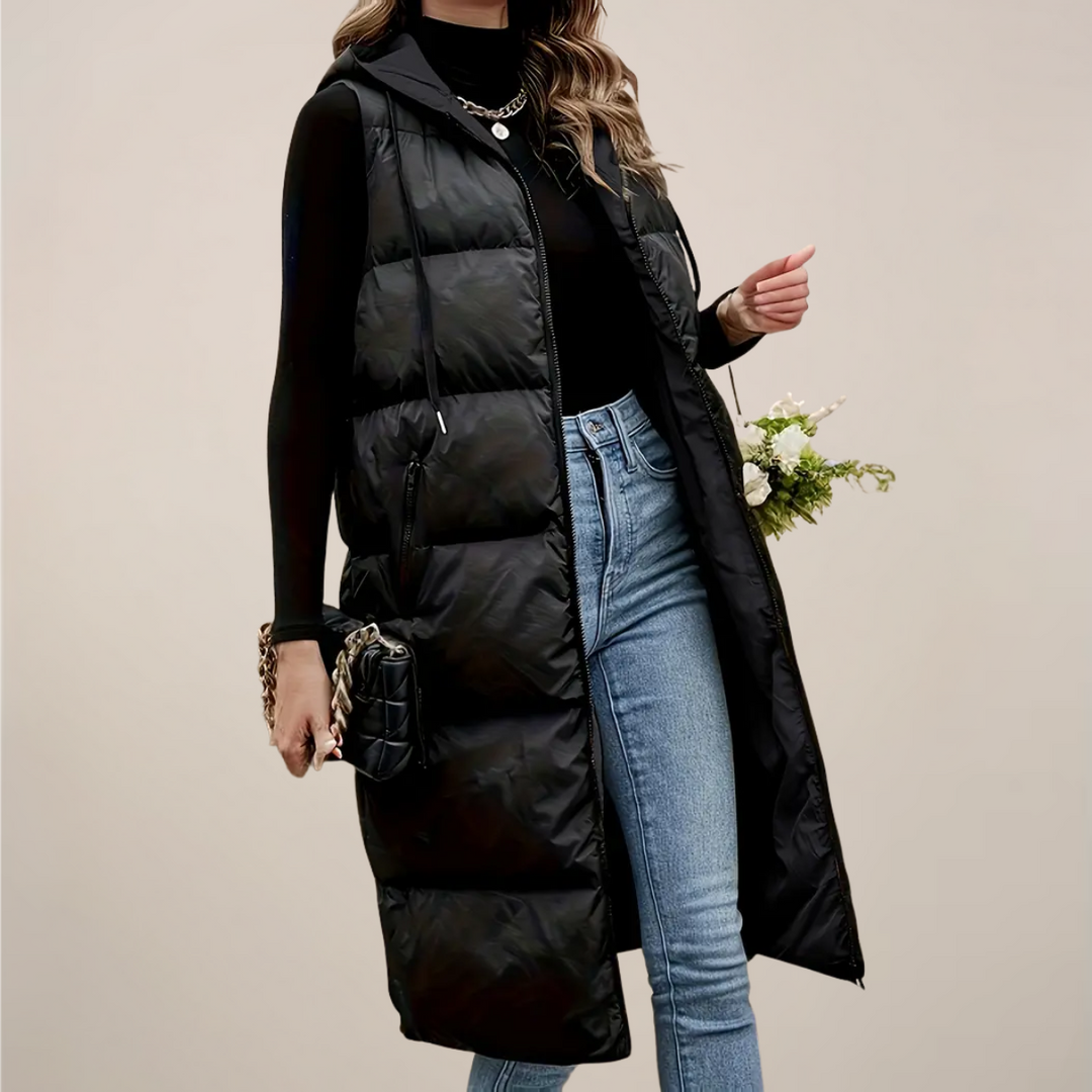Elegant Longline Puffer Gilet för Kvinnor med Huva och Dragkedja | Isolerande Lager för Kalla Dagar 2