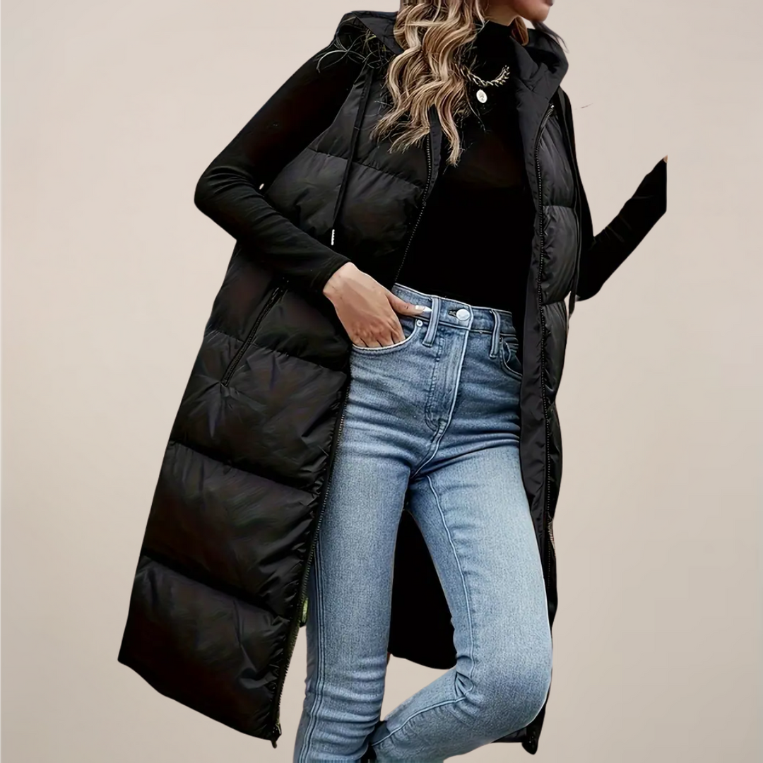 Elegant Longline Puffer Gilet för Kvinnor med Huva och Dragkedja | Isolerande Lager för Kalla Dagar 3