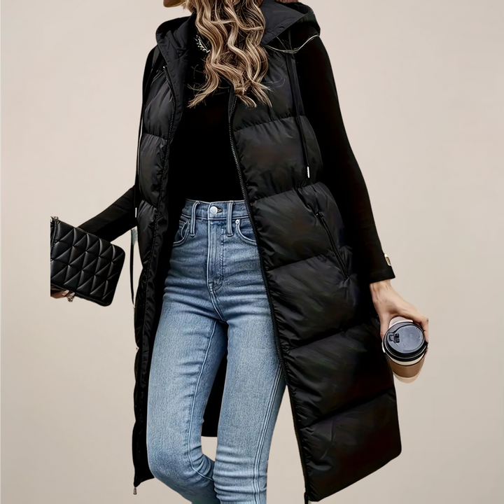 Elegant Longline Puffer Gilet för Kvinnor med Huva och Dragkedja | Isolerande Lager för Kalla Dagar 4