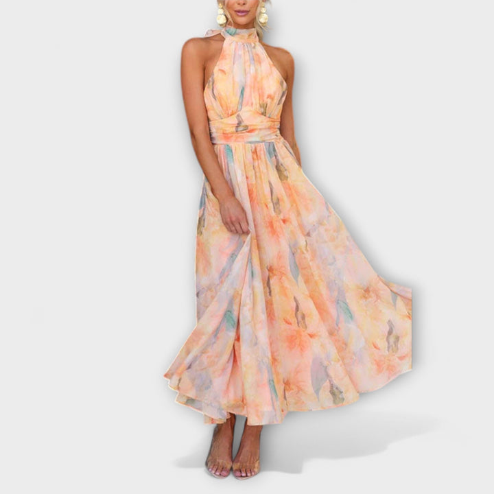 Elegant Maxiklänning Dam med Öppen Rygg och Akvarelltryck | Flödande Kjol för Sommarfester 2
