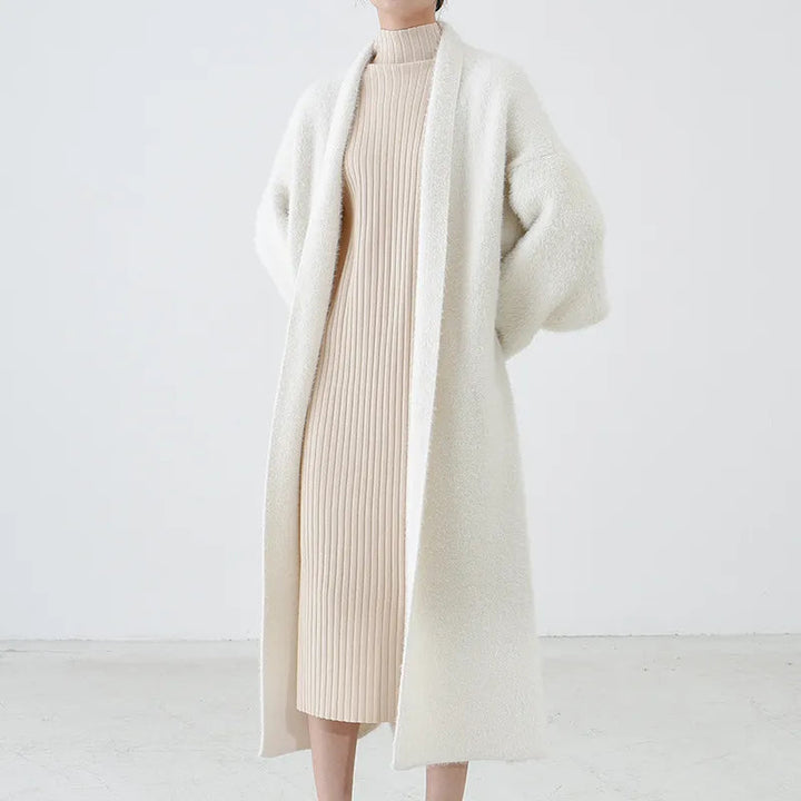 Elegant Midi-Kofta med Huva | Långlinjestickad Design för Mångsidig Stil 1