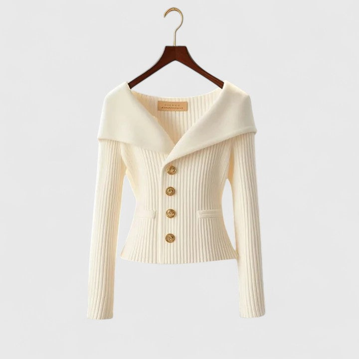 Elegant Off-Shoulder Tröja för Kvinnor med Guldfärgad Knappstängning | Perfekt för Smart Kvällsklädsel 1