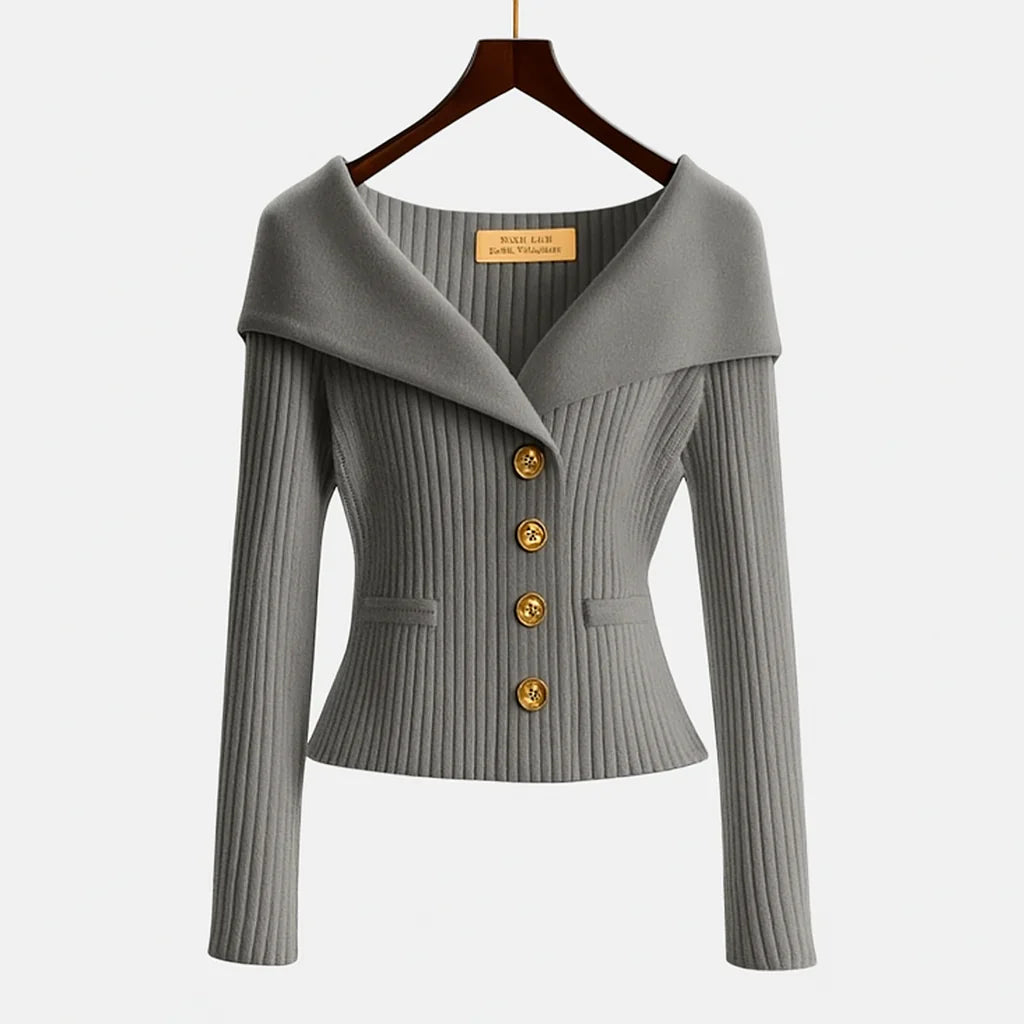Elegant Off-Shoulder Tröja för Kvinnor med Guldfärgad Knappstängning | Perfekt för Smart Kvällsklädsel 10