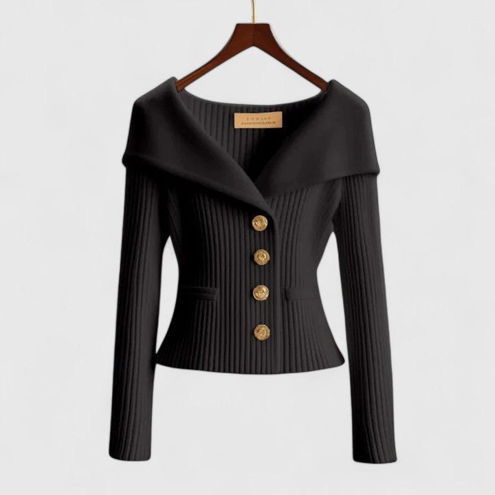Elegant Off-Shoulder Tröja för Kvinnor med Guldfärgad Knappstängning | Perfekt för Smart Kvällsklädsel 2
