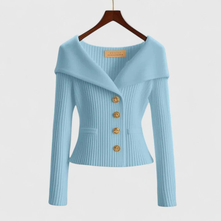 Elegant Off-Shoulder Tröja för Kvinnor med Guldfärgad Knappstängning | Perfekt för Smart Kvällsklädsel 6