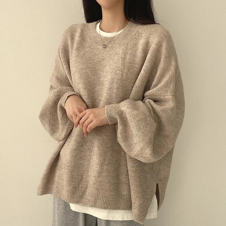 Elegant Oversized Dam Tröja med Drop Shoulders & Ribbad Kant för Avslappnad Stil 0