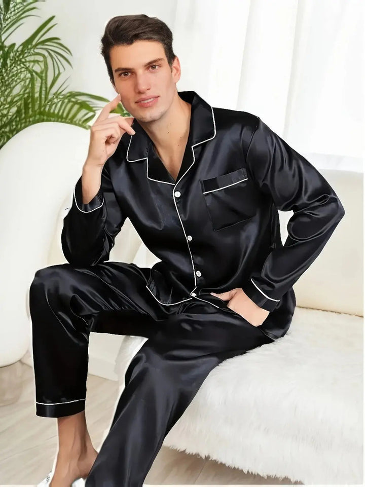 Elegant Pyjamas Set för Män i Satin med Krage | Tidlös och Bekväm Design för Avkoppling 3
