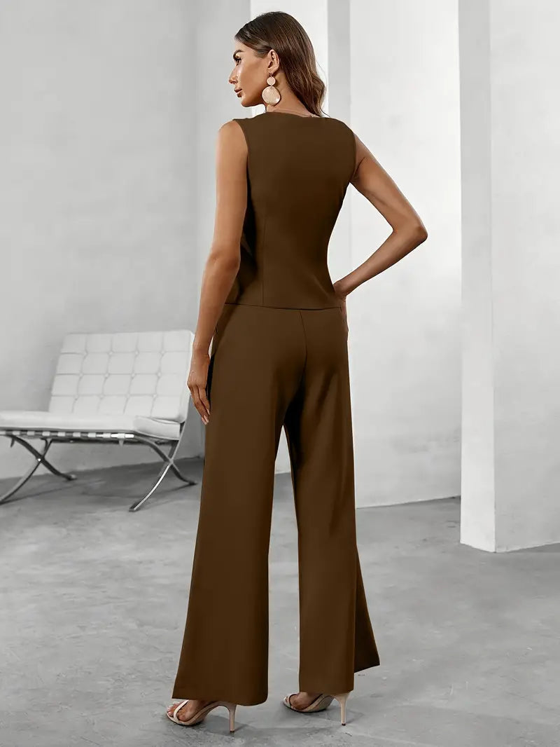 Elegant Set för Kvinnor | Ärmlös Kavajtopp med Asymmetriska Knappar & Vida Byxor för Tidlös Stil 5