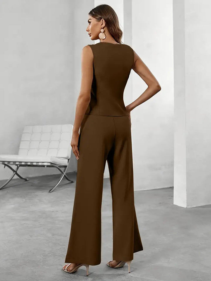 Elegant Set för Kvinnor | Ärmlös Kavajtopp med Asymmetriska Knappar & Vida Byxor för Tidlös Stil 5