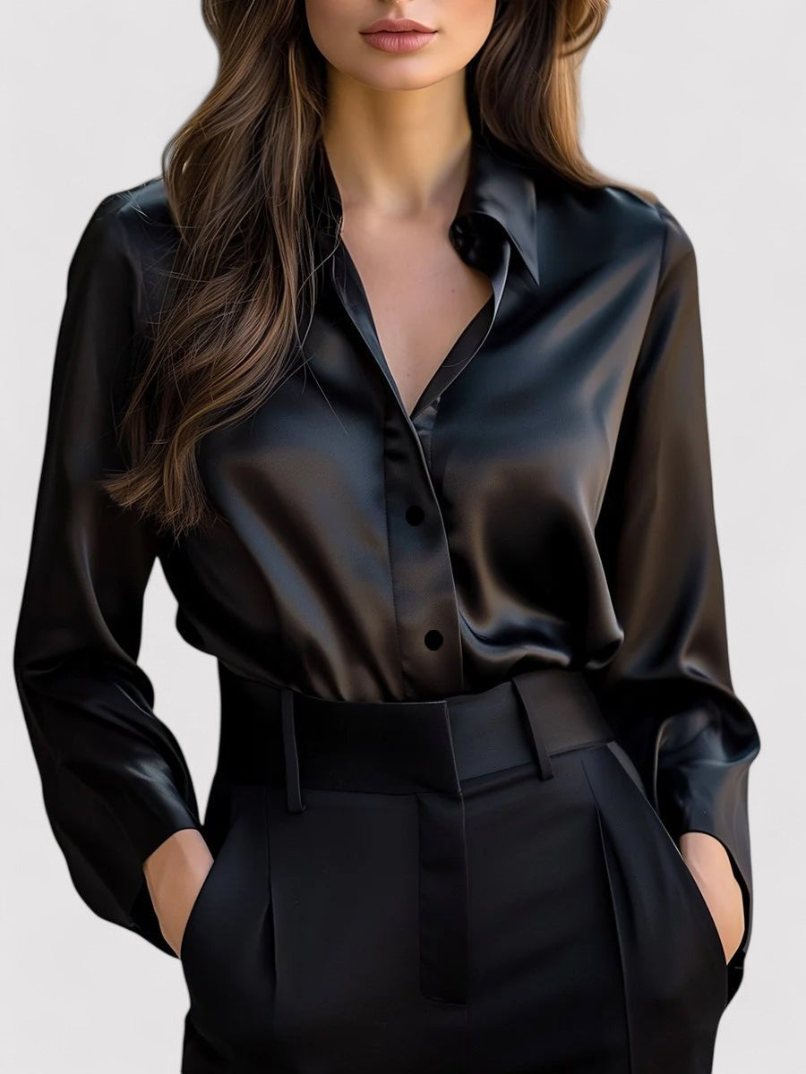 Elegant Sidenblus Dam | Långärmad med Flytande Drapering för Tidlös Stil 0