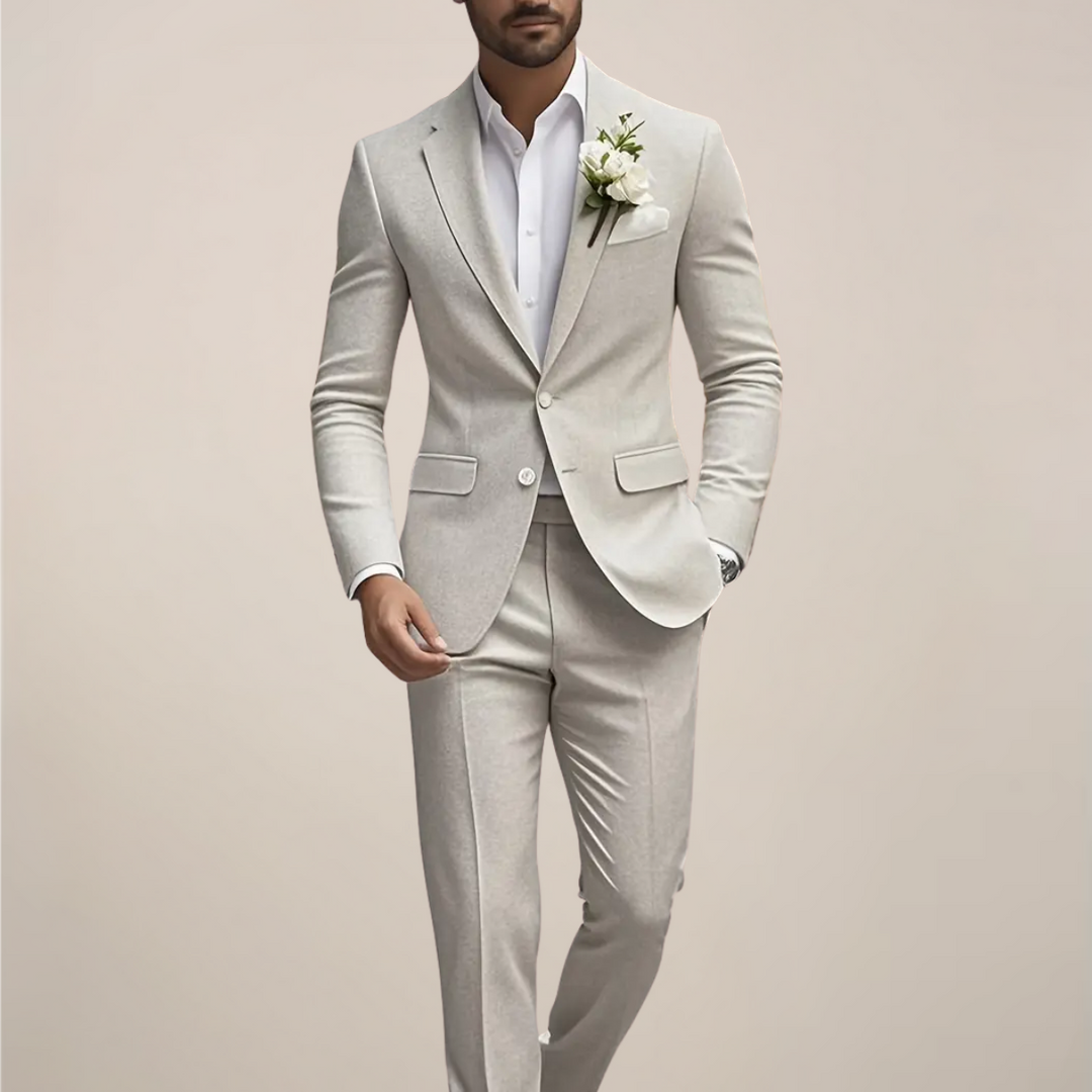 Elegant Slim Fit Bröllopsdräkt i Ljusbeige med Skräddarsydd Kavaj | Modern Stil för Brudgummar 0
