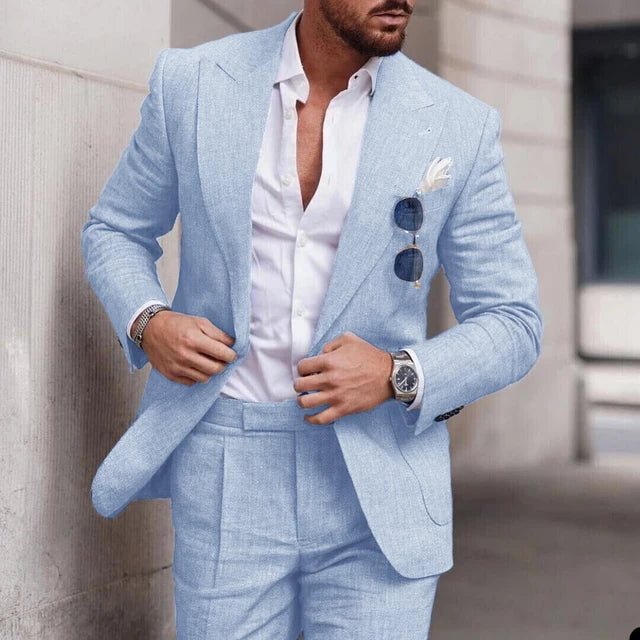 Elegant Slim Fit Bröllopskostym för Män i Andningsbart Linne | Perfekt för Sommarbröllop 0