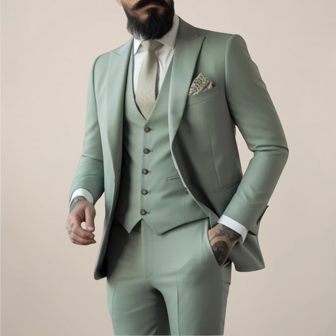 Elegant Slim Fit Kostym Herr i Sage Green med Tredelad Design | Perfekt för Bröllop och Formella Evenemang 0