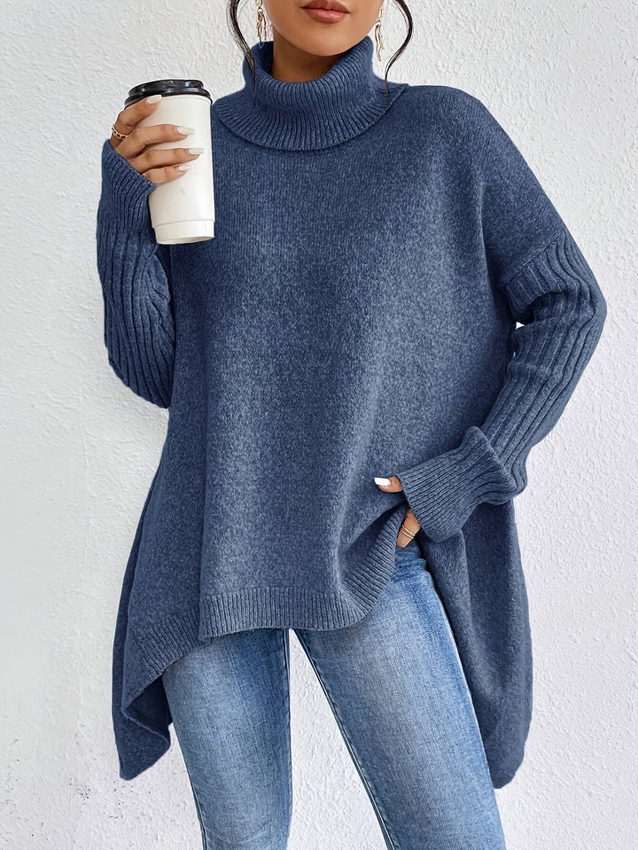 Elegant Stickad Dam Tröja med Hög Rullhals | Oversized Design för Avslappnad Stil 0